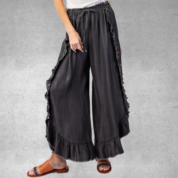 EASEL Raw Ruffle Trim Lightweight Pants Elastic & Drawstring Waist & Scooped Hem - Picture 12 of 16